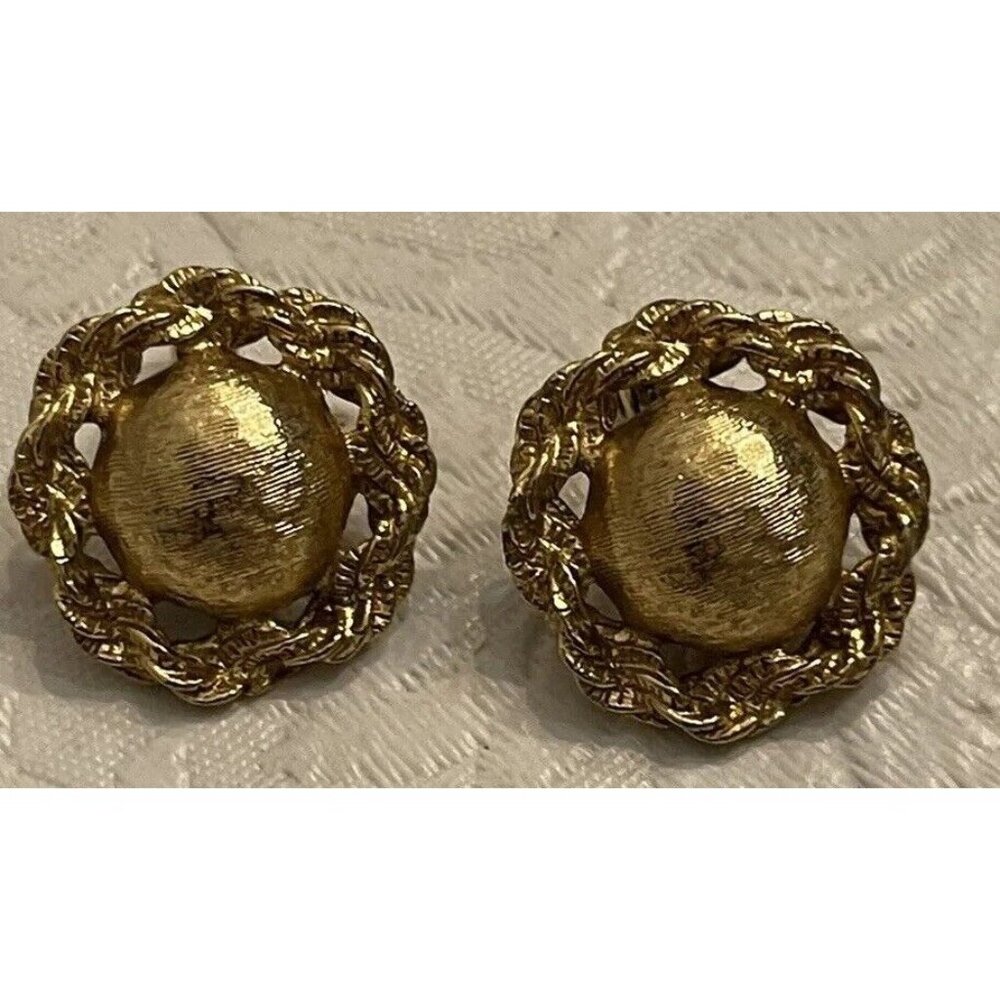 Vintage Monet Earrings Rope Round Button Textured Brushed Gold Tone Clip On